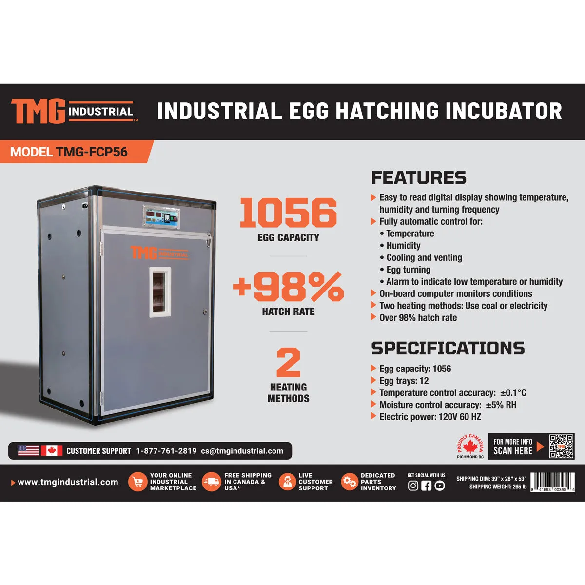 TMG-FCP56 Commercial Grade Large Capacity Egg Hatching Incubator, up to 1056 Eggs, 180 hatching tray capacity, 98% Hatching Rate, 12 Egg Trays